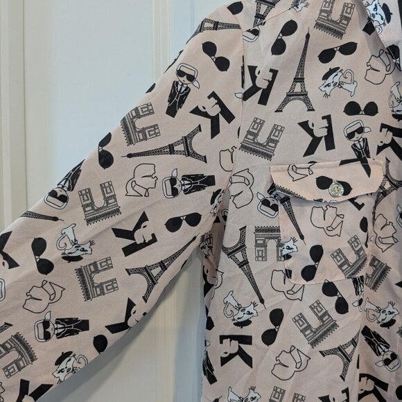 Karl Lagerfeld Button-up Blouse Women's Medium Pink Graphic Cats Paris Top - Picture 8 of 16